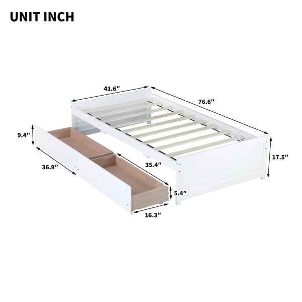 English Elm Twin Twin Size Bed with 2 Drawers Solid Rubber Wood Frame, Space-Saving Storage and Easy Assembly White W504P313037