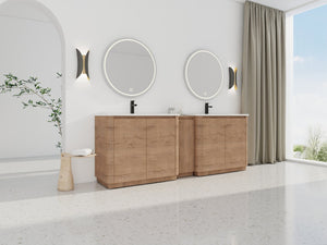 English Elm 92'' Freestanding Double Sink Bathroom Vanity Oak Melamine Soft Close Storage Set W999S00517