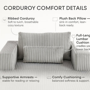 English Elm Oversized Corduroy Floor Lounge Chair with Modular Ottoman All Foam Deep Seat Grey W3326S00029