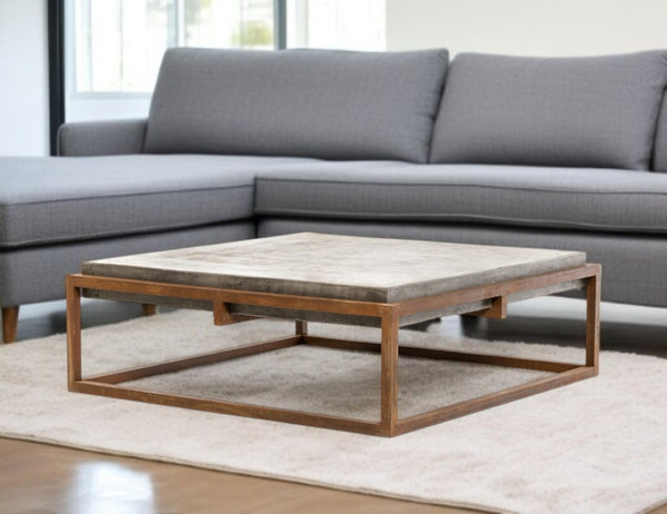 HomeRoots 42" Modern Industrial Dark Gray Concrete Coffee Table with Rust Iron Base - Stylish & Functional Centerpiece 283304
