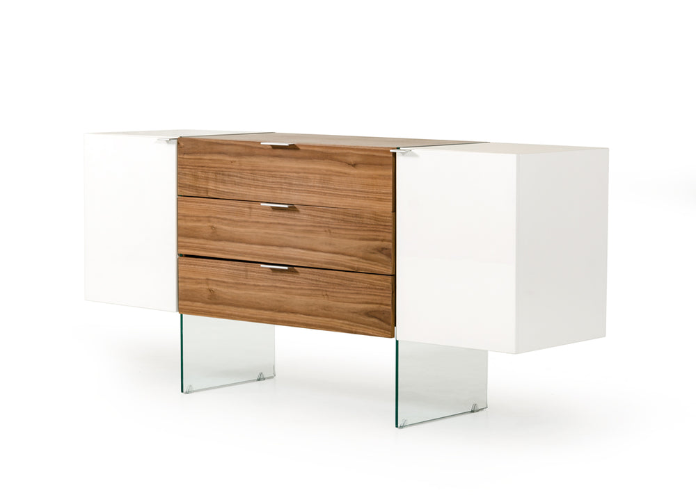 Homeroots 30" White And Walnut Veneer, Mdf, Glass, And Steel Floating Buffet  Wood,Manufactured 283349