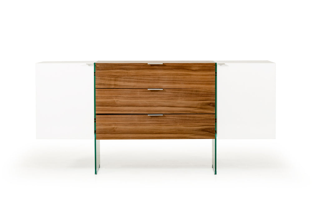 Homeroots 30" White And Walnut Veneer, Mdf, Glass, And Steel Floating Buffet  Wood,Manufactured 283349
