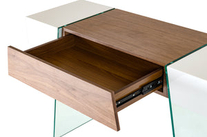 Homeroots 29" White And Walnut Veneer  Mdf  And Glass Floating Console Table   283351