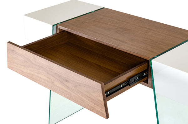 Homeroots 29" White And Walnut Veneer  Mdf  And Glass Floating Console Table   283351