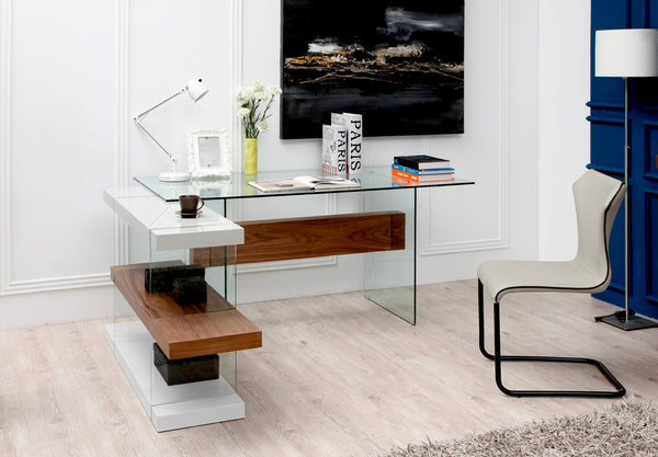 Homeroots 30" White And Walnut Veneer  Mdf  And Glass Desk With Shelves   283372