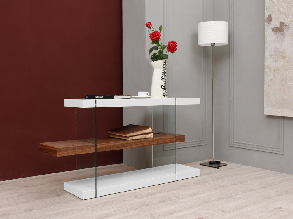 Homeroots 30" White And Walnut Veneer  Mdf  And Glass Desk With Shelves   283372