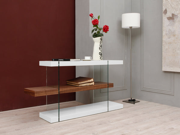 Homeroots 30" White And Walnut Veneer  Mdf  And Glass Desk With Shelves   283372