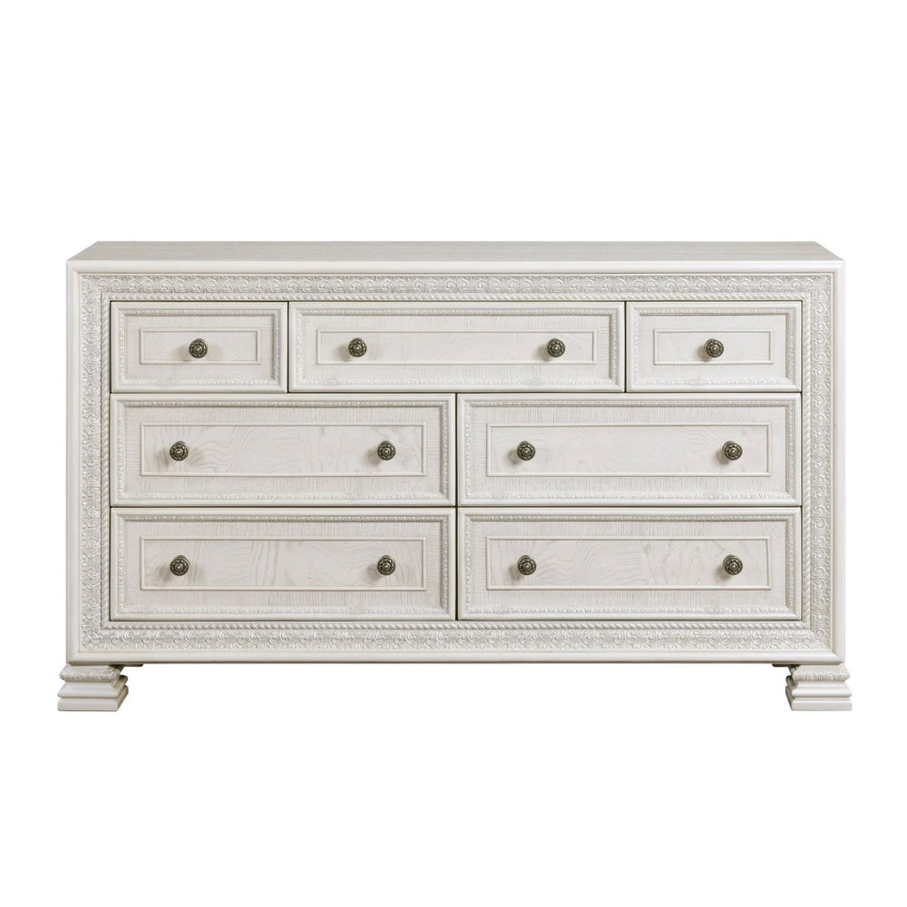 English Elm Classic Pearl White Seven Drawer Dresser Ash Veneer Egg Dart Molding Bedroom B011P242369