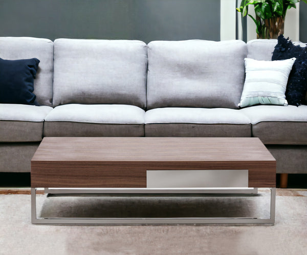 Homeroots 13" Walnut Veneer  Steel  And Glass Coffee Table   283387