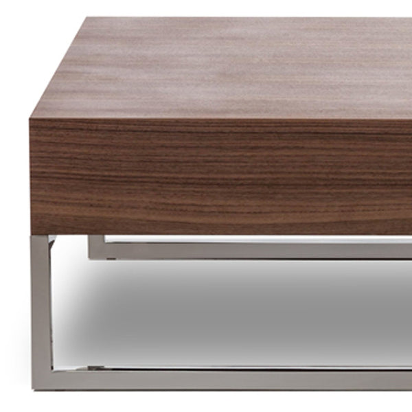 Homeroots 13" Walnut Veneer  Steel  And Glass Coffee Table   283387