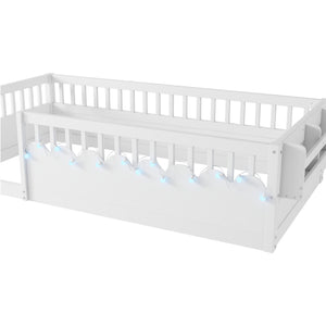 English Elm Twin Montessori Floor Bed Frame with High Rails and Built-In Light Shelf for Safe Independent Sleep White 79.13 L x 13 W x 6.3 H W2593P333565