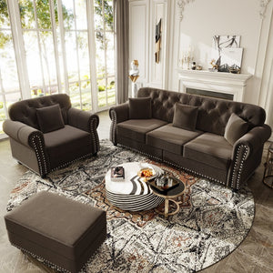 English Elm Upholstered Velvet Chesterfield Sofa with Button Tufting Brass Nailhead and Ottoman Brown W1885S00392