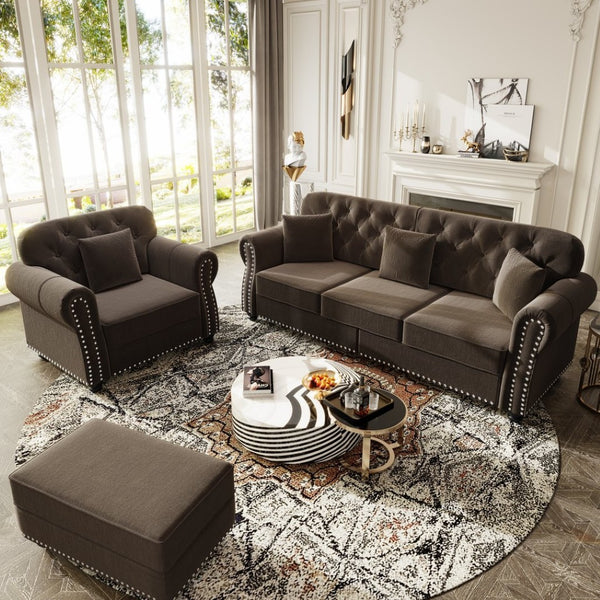 English Elm Upholstered Velvet Chesterfield Sofa with Button Tufting Brass Nailhead and Ottoman Brown W1885S00392