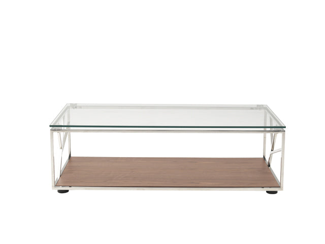 Homeroots 15" Walnut Veneer  Glass  And Steel Coffee Table   283415