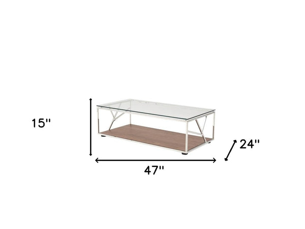Homeroots 15" Walnut Veneer  Glass  And Steel Coffee Table   283415