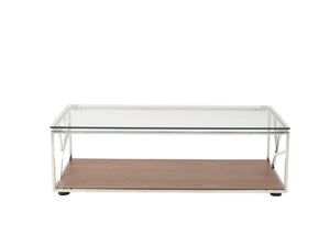Homeroots 15" Walnut Veneer  Glass  And Steel Coffee Table   283415