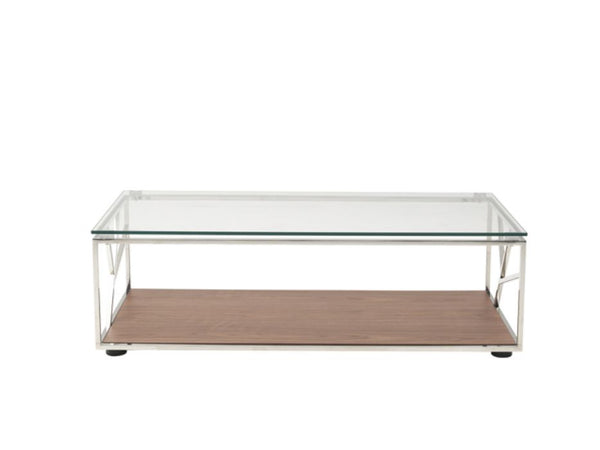 Homeroots 15" Walnut Veneer  Glass  And Steel Coffee Table   283415