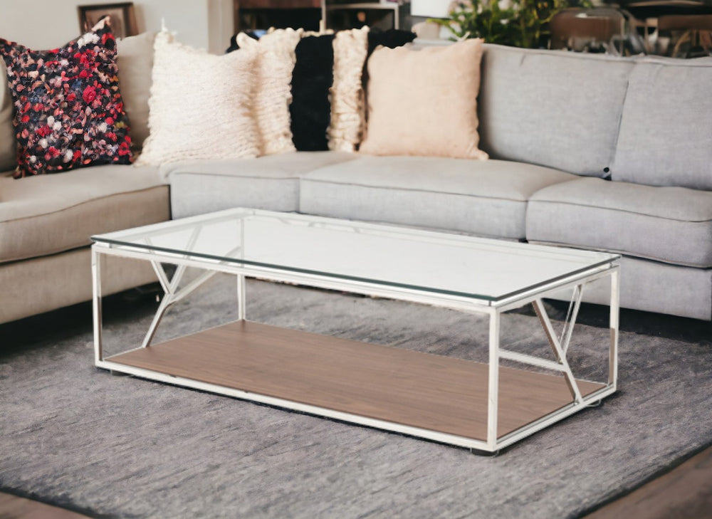Homeroots 15" Walnut Veneer  Glass  And Steel Coffee Table   283415