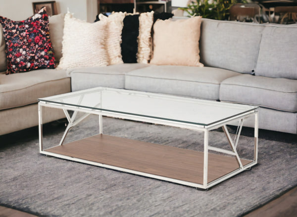 Homeroots 15" Walnut Veneer  Glass  And Steel Coffee Table   283415