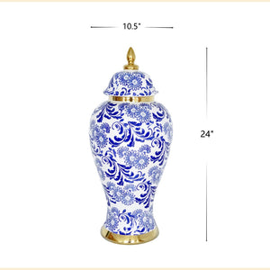 English Elm White Ceramic Ginger Jar Vase With Blue Gold Accents, Removable Lid For Modern Décor Centerpieces B030P243616-GIGA