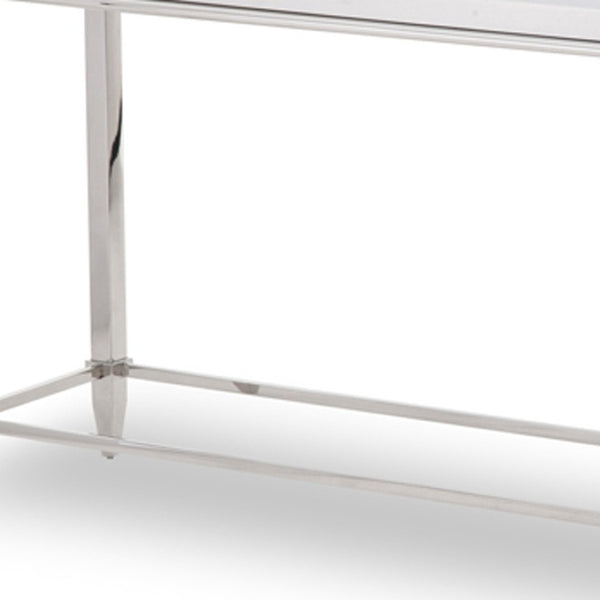 HomeRoots 55" Silver Console Table with Glass Top - Modern Stainless Steel Frame for Entryway & Living Room Elegance 283430