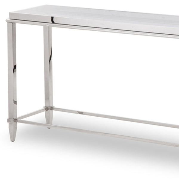 HomeRoots 55" Silver Console Table with Glass Top - Modern Stainless Steel Frame for Entryway & Living Room Elegance 283430