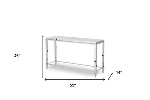 HomeRoots 55" Silver Console Table with Glass Top - Modern Stainless Steel Frame for Entryway & Living Room Elegance 283430
