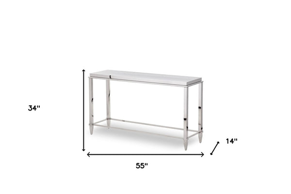 HomeRoots 55" Silver Console Table with Glass Top - Modern Stainless Steel Frame for Entryway & Living Room Elegance 283430