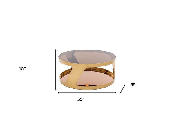 Homeroots 15" Gold Steel And Glass Round Coffee Table   283454