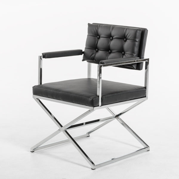 Homeroots Tufted Black And Silver Upholstered Faux Leather Dining Arm Chair Black Metal 283471