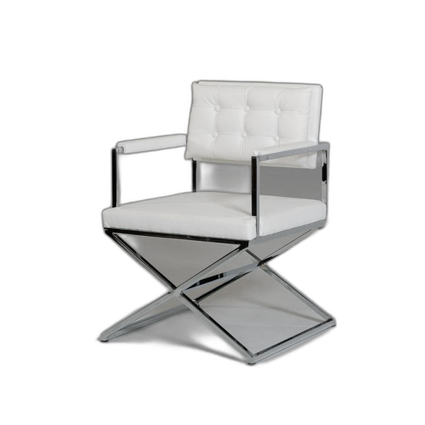 Homeroots Tufted White And Silver Upholstered Faux Leather Dining Arm Chair White Metal 283472