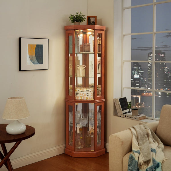 English Elm Corner Lighted Curio Cabinet Dark Oak Finish with Mirrored Back and Glass Shelves W2275P296058