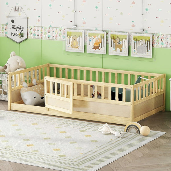 English Elm Twin Size Montessori Floor Bed With High Security Barrier & Child-Friendly Door - Natural Wood W1858P195272-GIGA