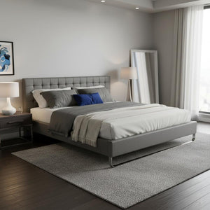 Gray Faux Leather King Sleigh Bed with Tufted Upholstery for Elegant Bedrooms