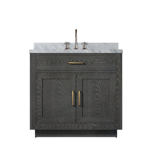 English Elm Black Oak Single-Sink Vanity With Carrara Marble Top & Chrome Faucet Set - Elegant Bathroom Upgrade B2731P260817