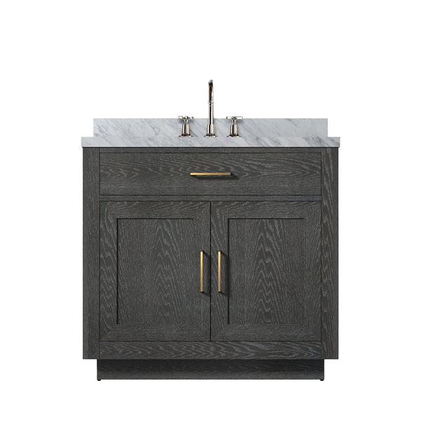 English Elm Black Oak Single-Sink Vanity With Carrara Marble Top & Chrome Faucet Set - Elegant Bathroom Upgrade B2731P260817