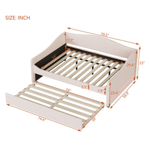 English Elm Teddy Full Size Upholstered Daybed with Twin Trundle, Teddy Fleece Upholstery, Modern Striped Accent Headboard and Sleepover-Friendly Design Beige SF000066AAA