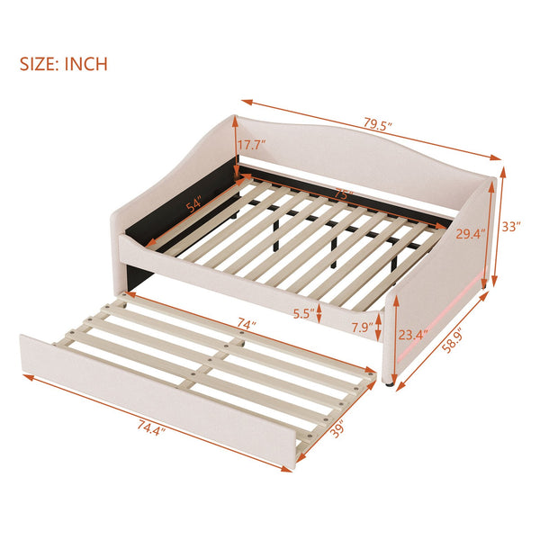 English Elm Teddy Full Size Upholstered Daybed with Twin Trundle, Teddy Fleece Upholstery, Modern Striped Accent Headboard and Sleepover-Friendly Design Beige SF000066AAA