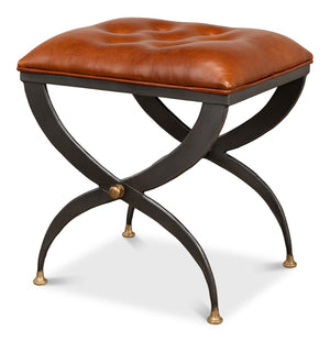 Sarreid Mathsson Stool - Stylish Pewter Gray Iron Design With Luxurious Leather And Elegant Brass Accents Brown  28379