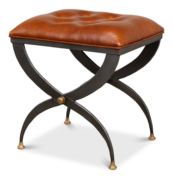 Sarreid Mathsson Stool - Stylish Pewter Gray Iron Design With Luxurious Leather And Elegant Brass Accents Brown  28379