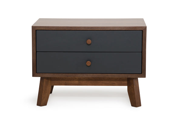 Homeroots Mid Century Mod Grey And Walnut Finish 2 Drawer Night Stand   283791