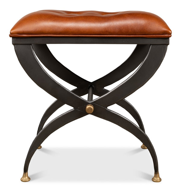 Sarreid Mathsson Stool - Stylish Pewter Gray Iron Design With Luxurious Leather And Elegant Brass Accents Brown  28379