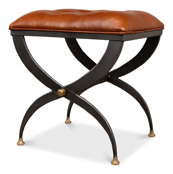 Sarreid Mathsson Stool - Stylish Pewter Gray Iron Design With Luxurious Leather And Elegant Brass Accents Brown  28379