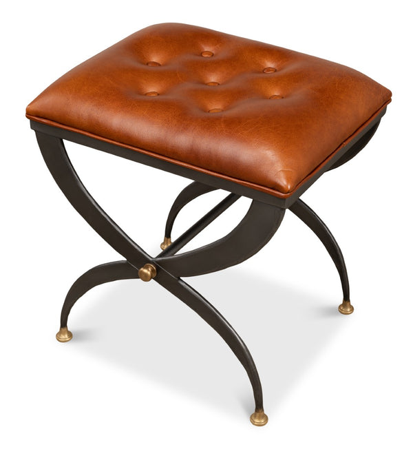 Sarreid Mathsson Stool - Stylish Pewter Gray Iron Design With Luxurious Leather And Elegant Brass Accents Brown  28379