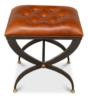 Sarreid Mathsson Stool - Stylish Pewter Gray Iron Design With Luxurious Leather And Elegant Brass Accents Brown  28379