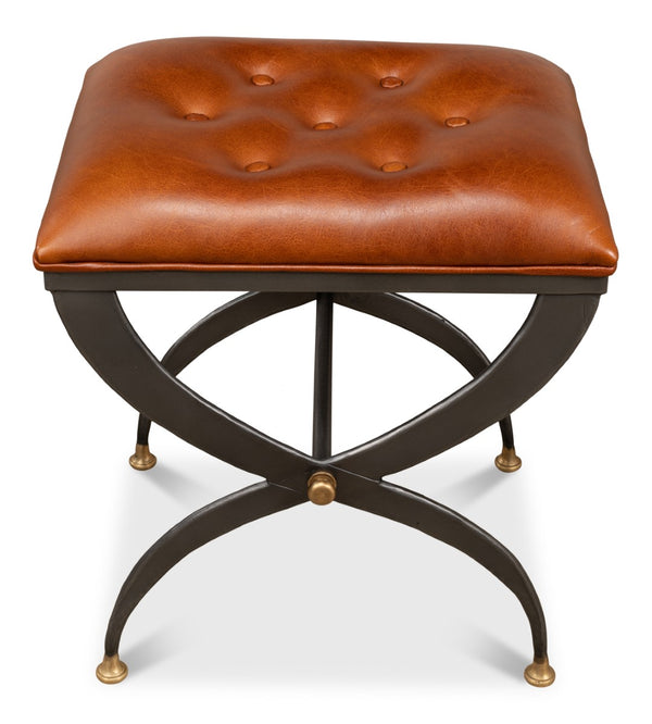 Sarreid Mathsson Stool - Stylish Pewter Gray Iron Design With Luxurious Leather And Elegant Brass Accents Brown  28379