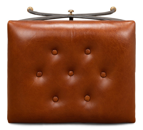 Sarreid Mathsson Stool - Stylish Pewter Gray Iron Design With Luxurious Leather And Elegant Brass Accents Brown  28379