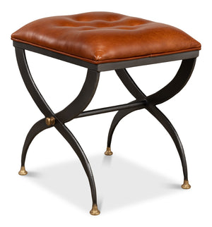 Sarreid Mathsson Stool - Stylish Pewter Gray Iron Design With Luxurious Leather And Elegant Brass Accents Brown  28379