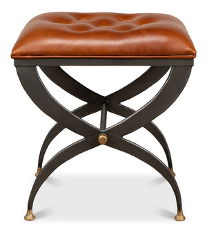Sarreid Mathsson Stool - Stylish Pewter Gray Iron Design With Luxurious Leather And Elegant Brass Accents Brown  28379