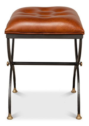 Sarreid Mathsson Stool - Stylish Pewter Gray Iron Design With Luxurious Leather And Elegant Brass Accents Brown  28379